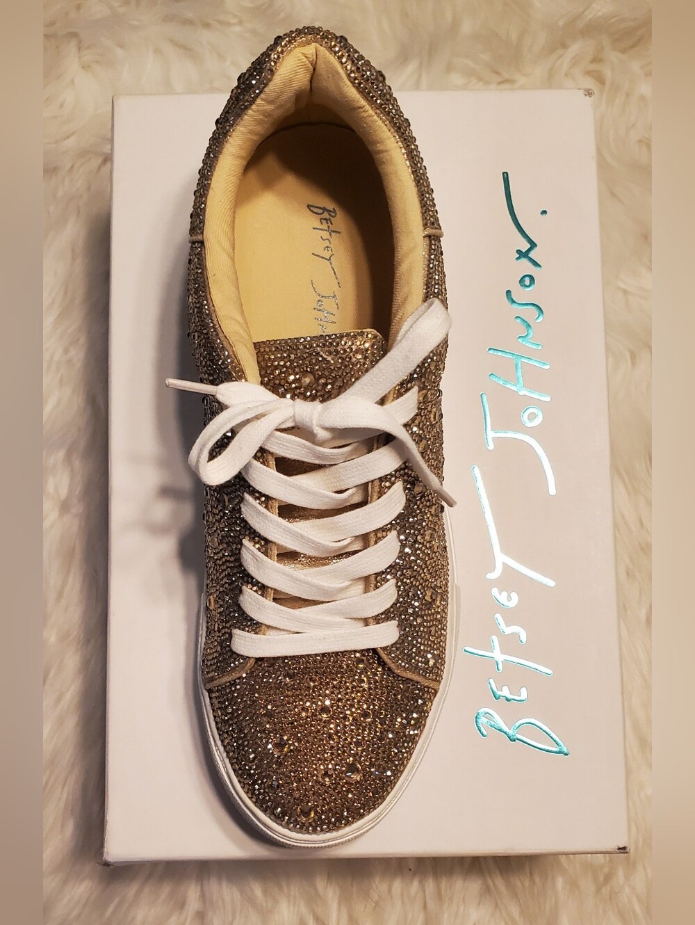 Betsey Johnson Suton Rhinestone Platform Sneakers Gold Bling Sparkle Size 10 - Picture 4 of 11